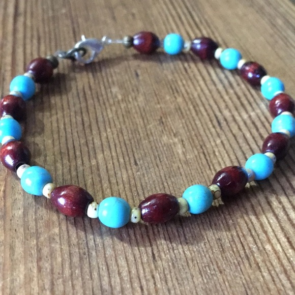 Men's 8 inches Wood and Turquoise Beaded Bracelet, Handmade Men's Bracelet - Picture 6 of 6